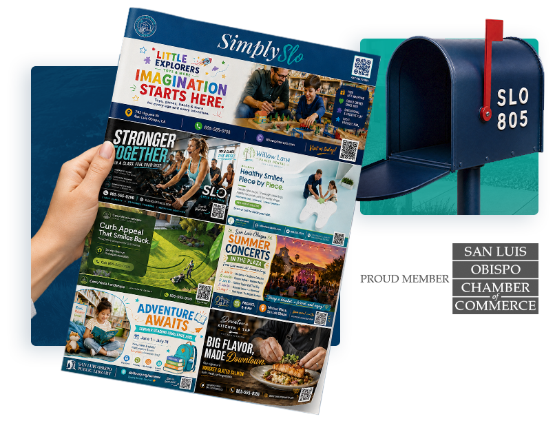 Printed Simply SLO mailer showing business ads and community notices